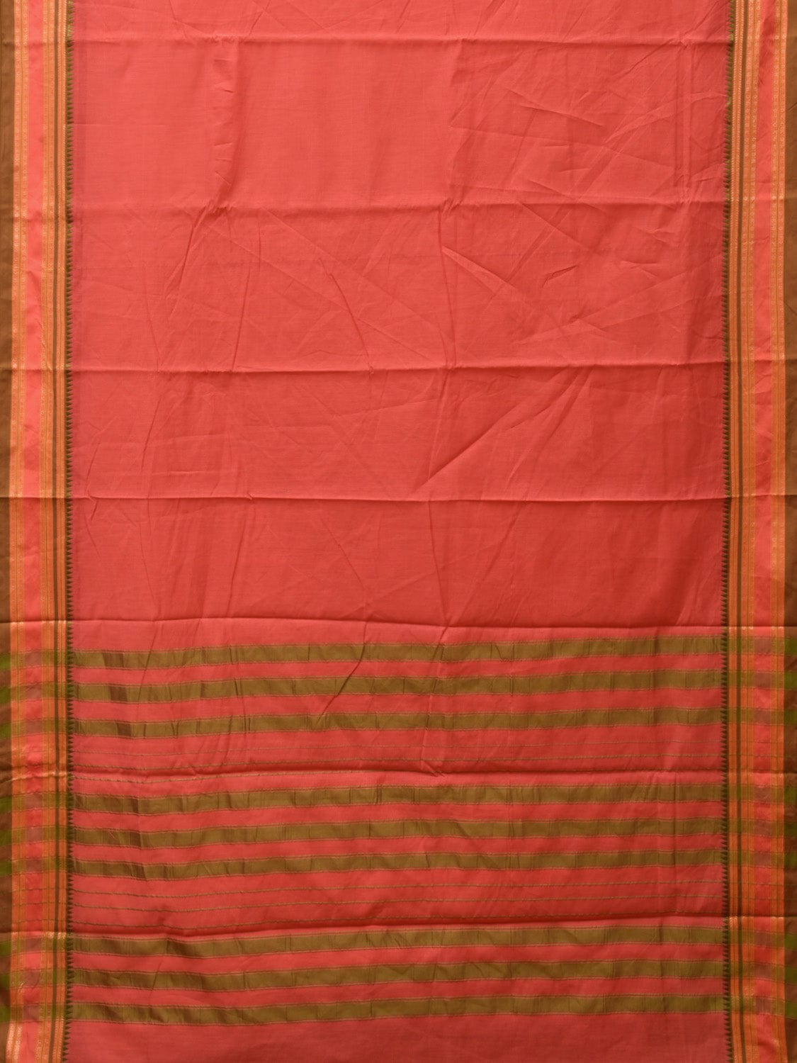 Peach Bamboo Cotton Plain Saree with Strips Pallu Design No Blouse - Global Threads | Grocsy
