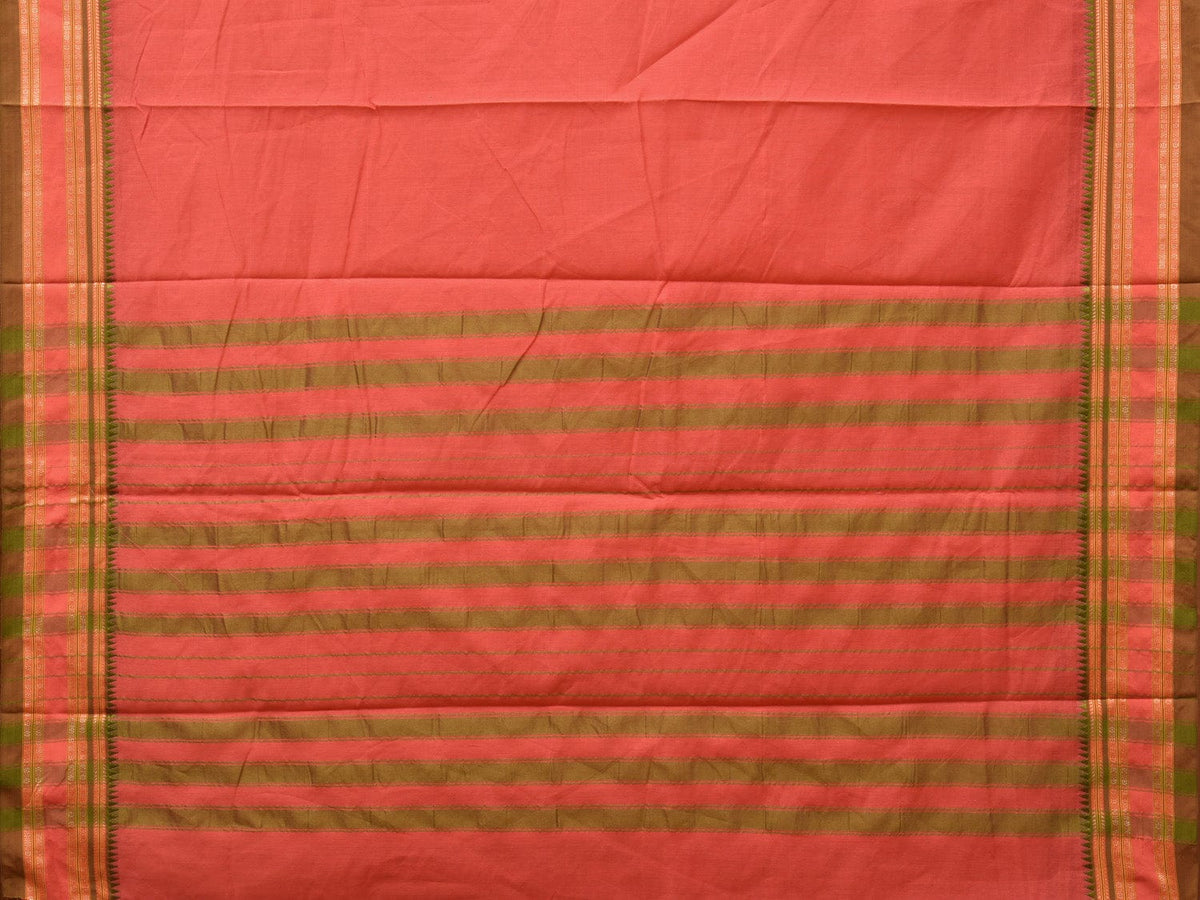 Peach Bamboo Cotton Plain Saree with Strips Pallu Design No Blouse - Global Threads | Grocsy