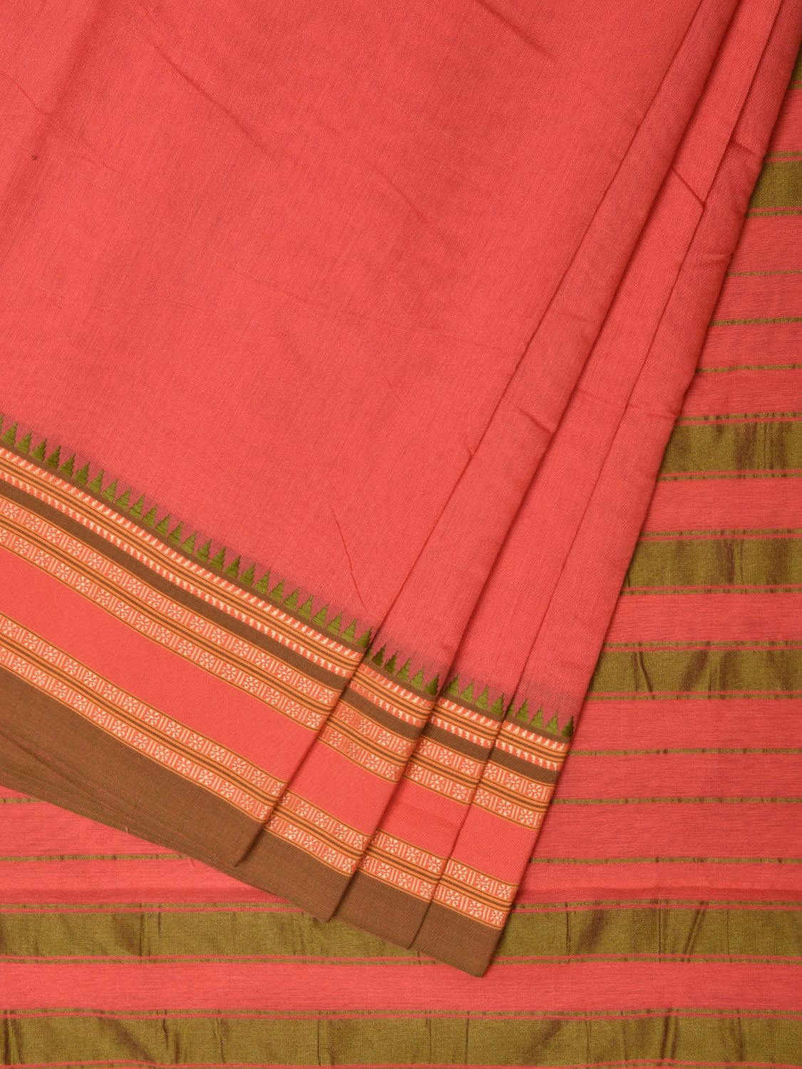 Peach Bamboo Cotton Plain Saree with Strips Pallu Design No Blouse - Global Threads | Grocsy