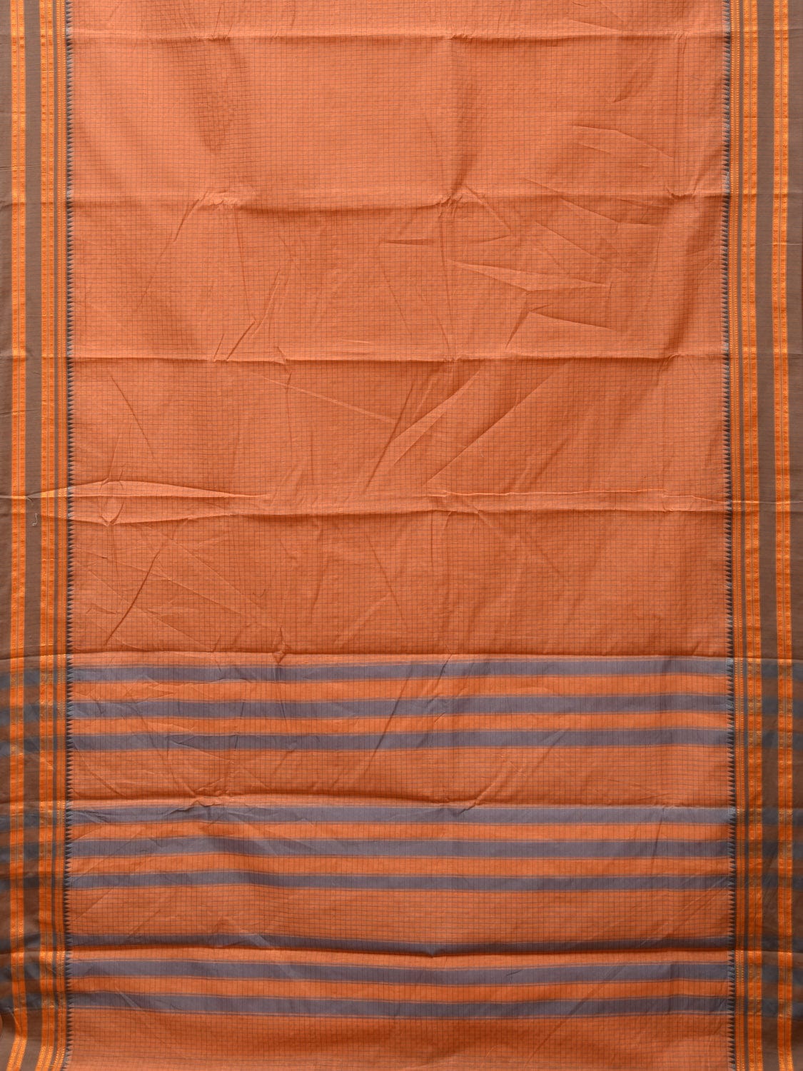 Peach Bamboo Cotton Saree with Checks Design No Blouse - Global Threads | Grocsy