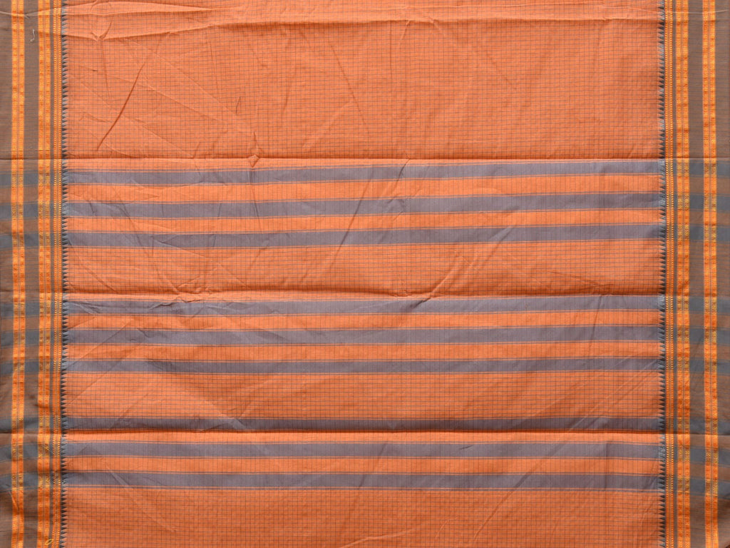Peach Bamboo Cotton Saree with Checks Design No Blouse - Global Threads | Grocsy