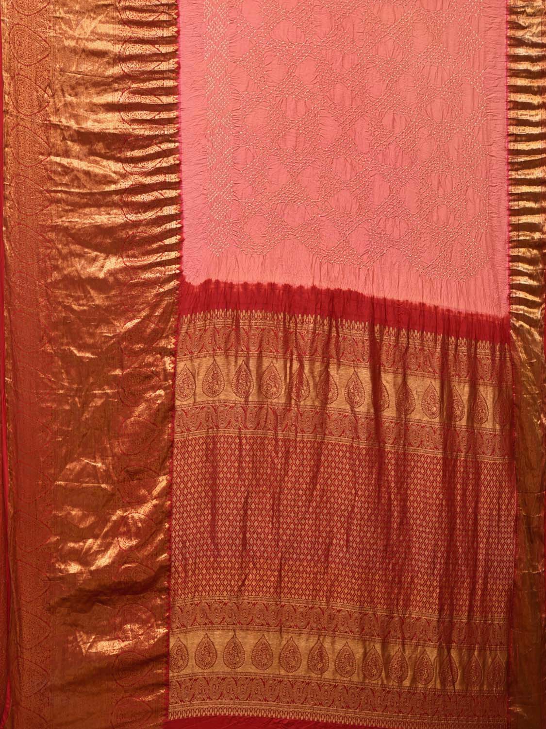 Peach Bandhani Kanchipuram Silk Handloom Saree with Pallu and Border Design - Global Threads | Grocsy