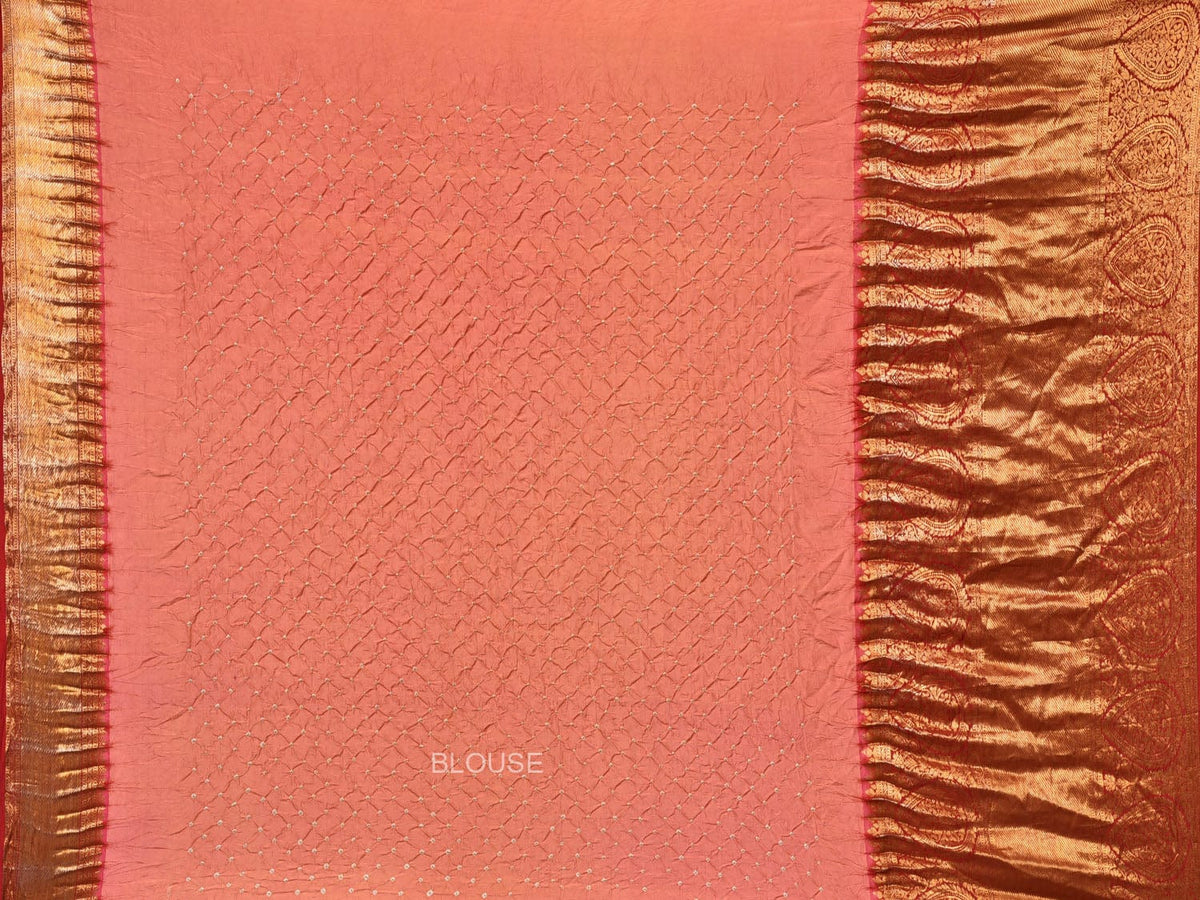 Peach Bandhani Kanchipuram Silk Handloom Saree with Pallu and Border Design - Global Threads | Grocsy