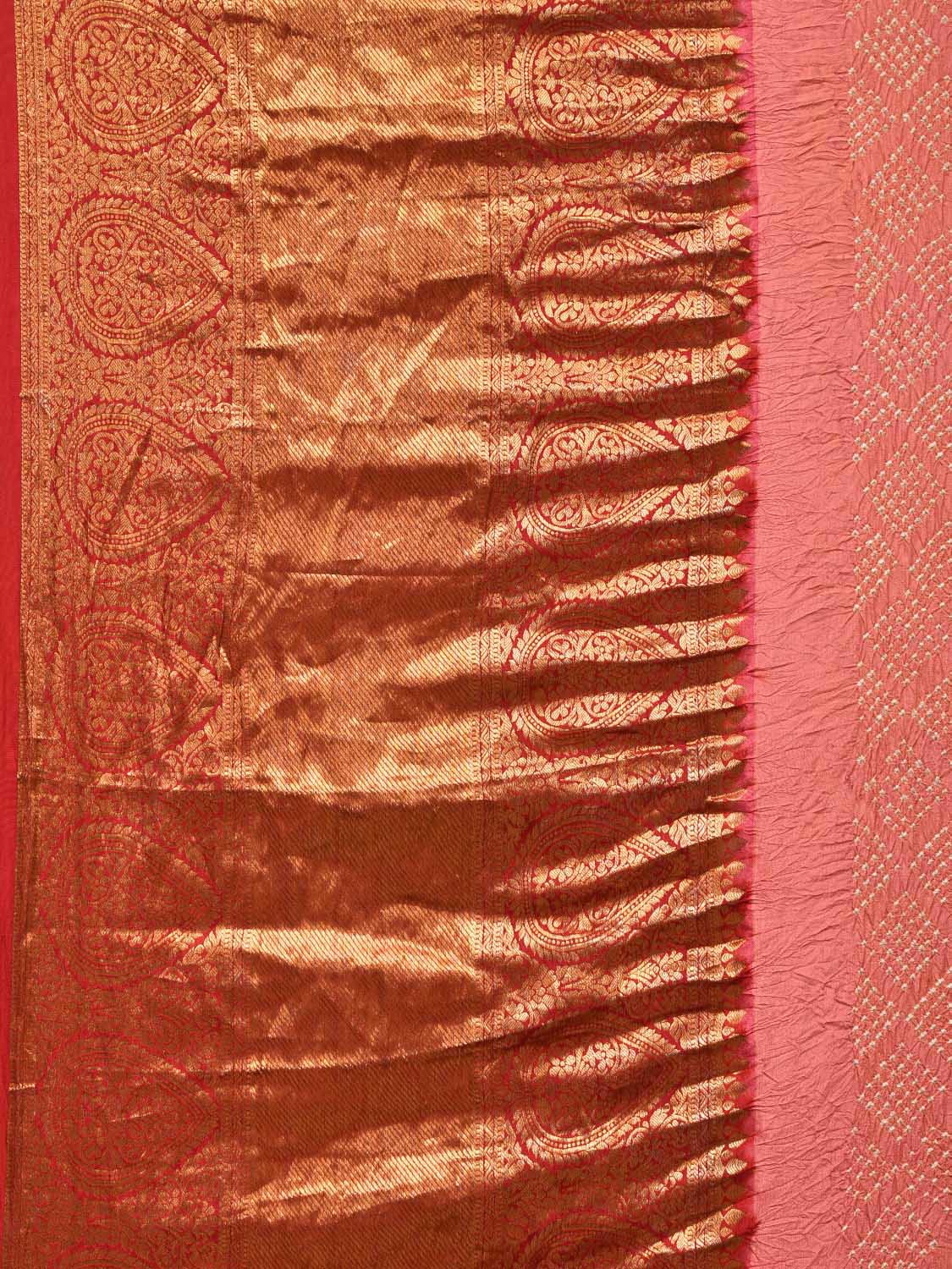 Peach Bandhani Kanchipuram Silk Handloom Saree with Pallu and Border Design - Global Threads | Grocsy