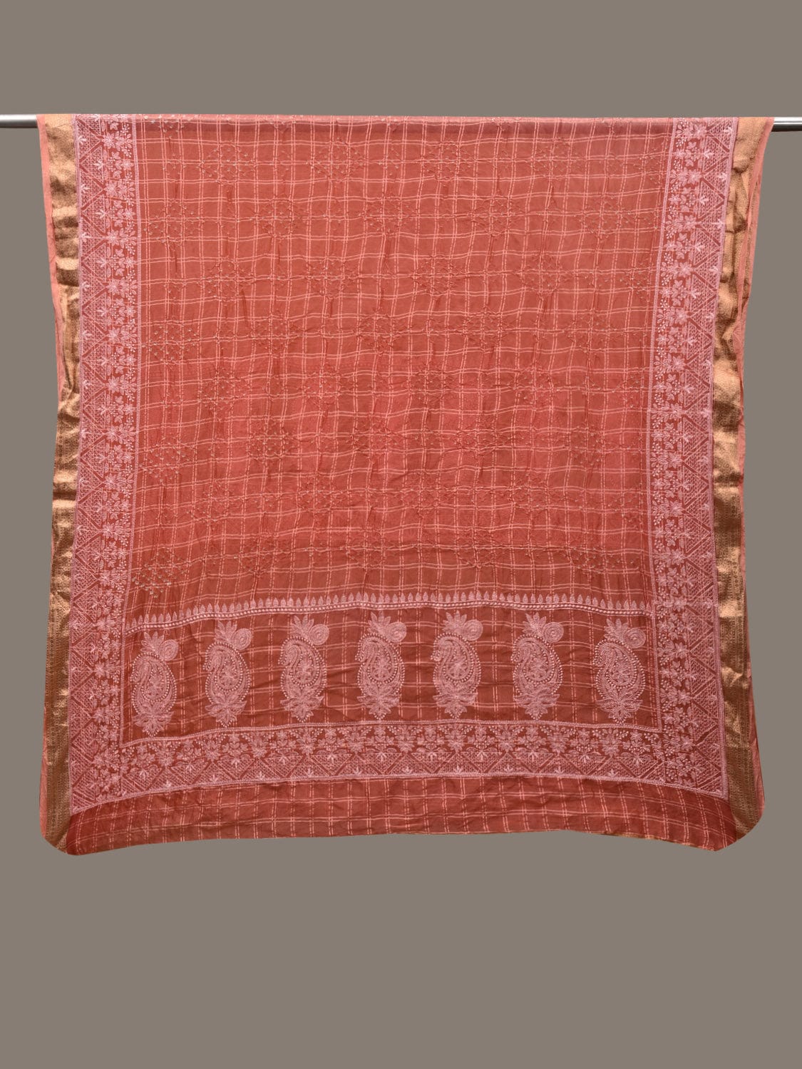 Peach Bandhani Silk Handloom Dupatta with Mango and Border Design - Global Threads | Grocsy