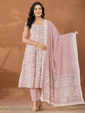 Yufta Peach Cotton Anarkali Square Neck Kurta Dupatta Set | Grocsy