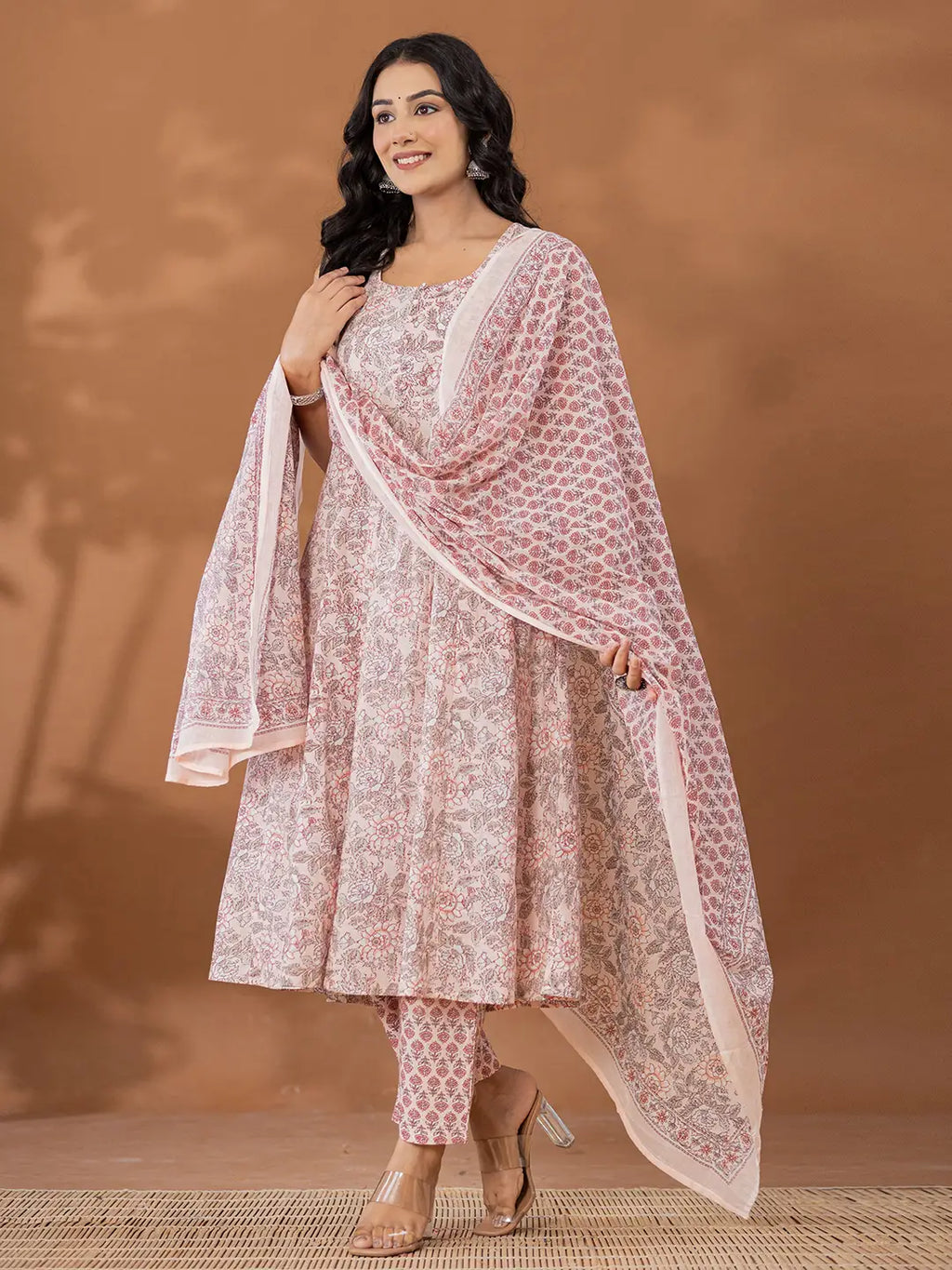 Yufta Peach Cotton Anarkali Square Neck Kurta Dupatta Set | Grocsy
