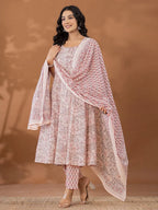Yufta Peach Cotton Anarkali Square Neck Kurta Dupatta Set | Grocsy