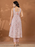 Yufta Peach Cotton Anarkali Square Neck Kurta Dupatta Set | Grocsy