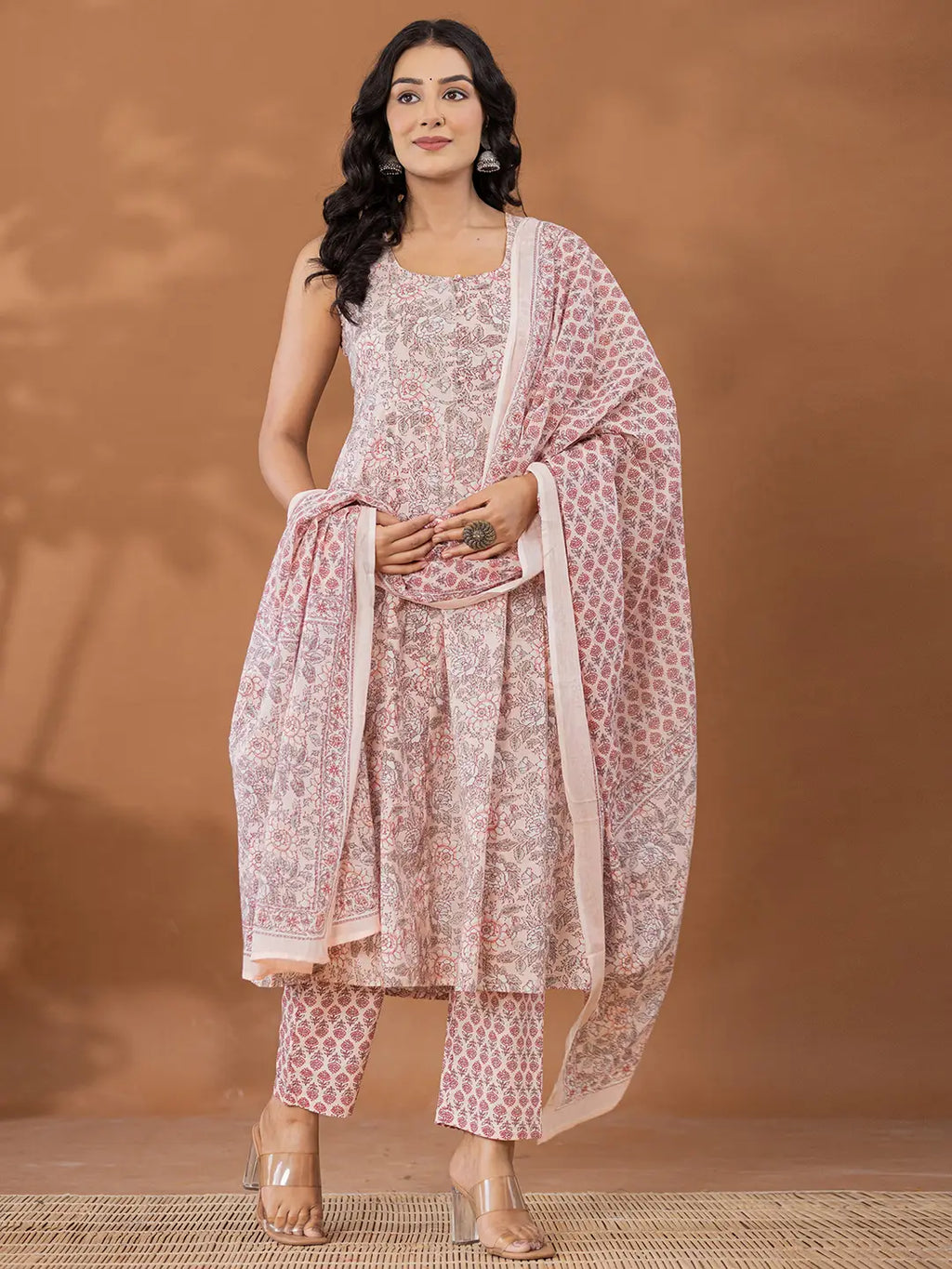 Yufta Peach Cotton Anarkali Square Neck Kurta Dupatta Set | Grocsy