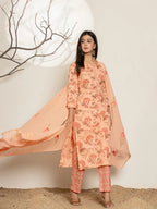 Yufta Peach Cotton Floral Print Kurta Dupatta Set | Grocsy