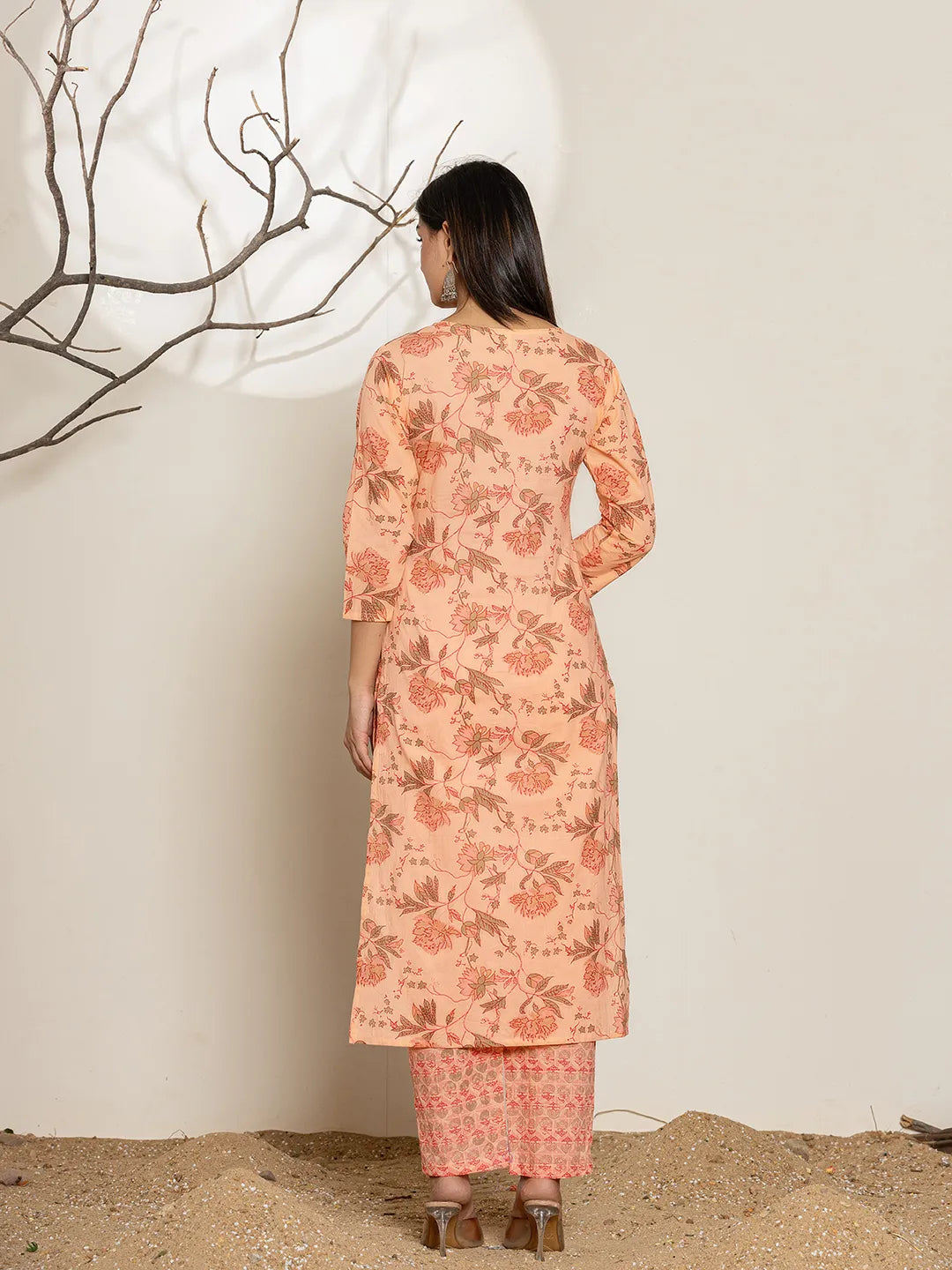 Yufta Peach Cotton Floral Print Kurta Dupatta Set | Grocsy