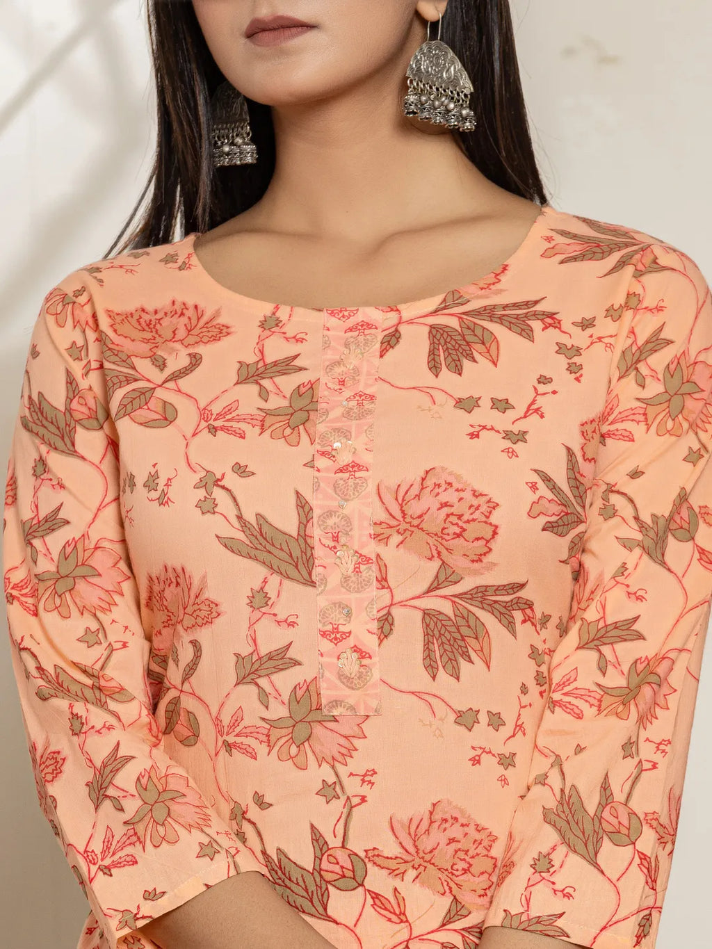 Yufta Peach Cotton Floral Print Kurta Dupatta Set | Grocsy