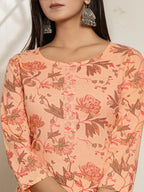 Yufta Peach Cotton Floral Print Kurta Dupatta Set | Grocsy