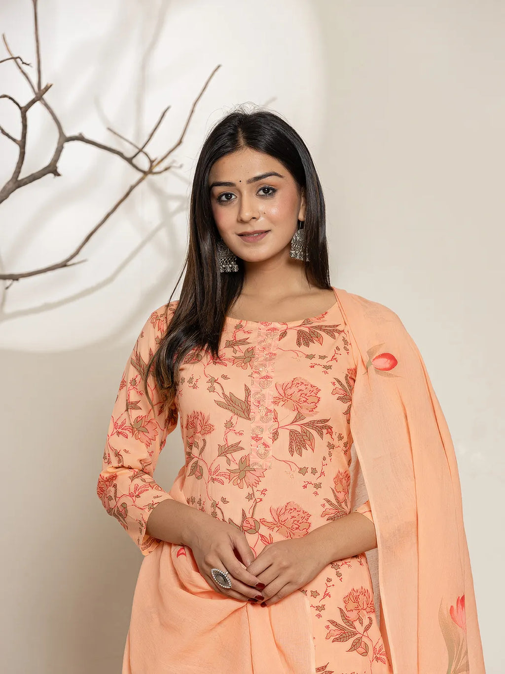 Yufta Peach Cotton Floral Print Kurta Dupatta Set | Grocsy