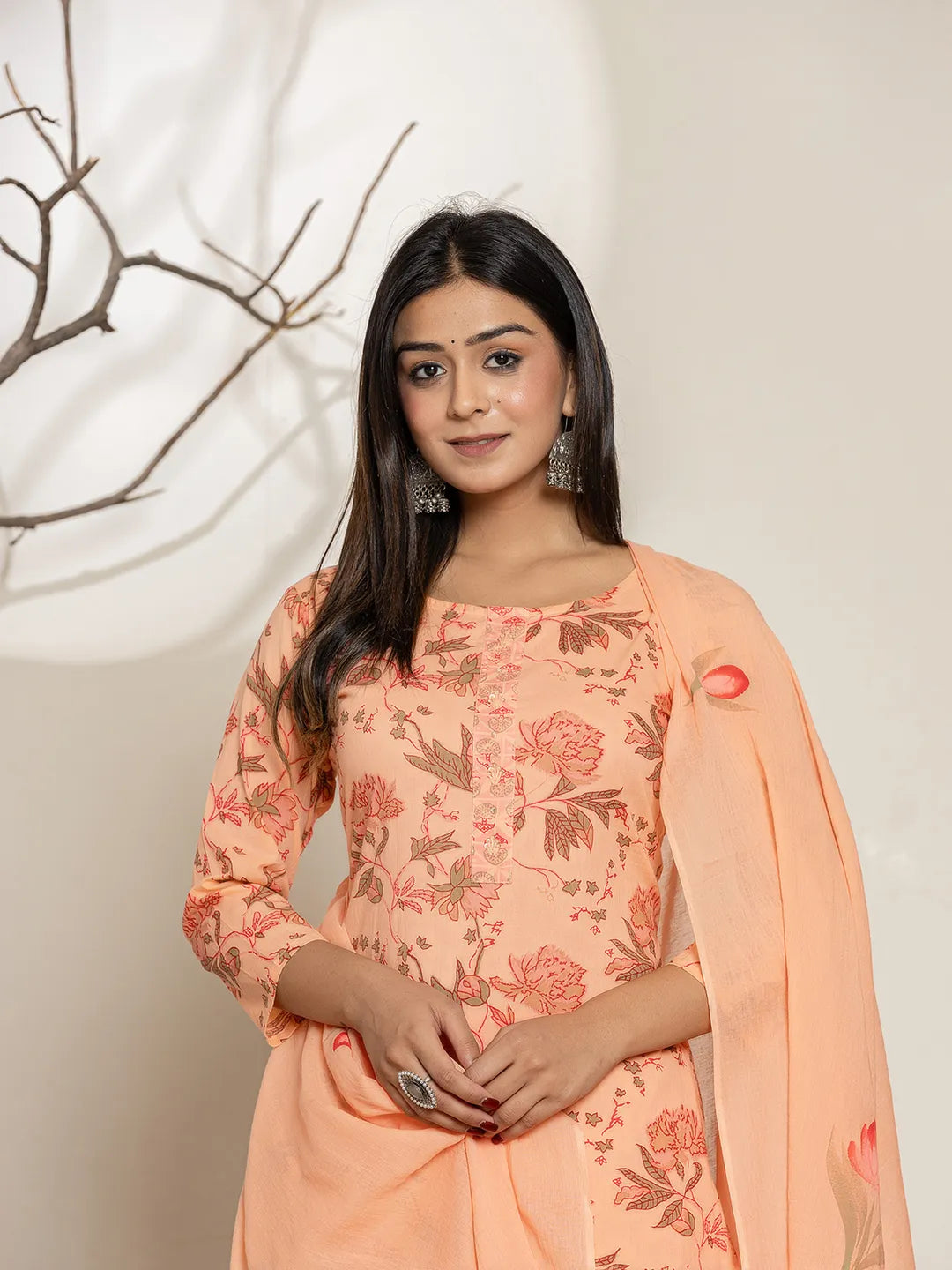 Yufta Peach Cotton Floral Print Kurta Dupatta Set | Grocsy