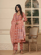 Yufta Peach Cotton Sequins_Work Kurta Dupatta Set | Grocsy