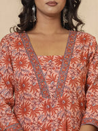 Yufta Peach Cotton Sequins_Work Kurta Dupatta Set | Grocsy