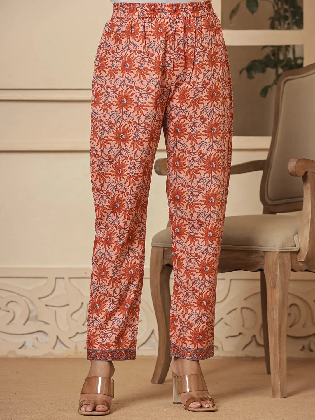 Yufta Peach Cotton Sequins_Work Kurta Dupatta Set | Grocsy