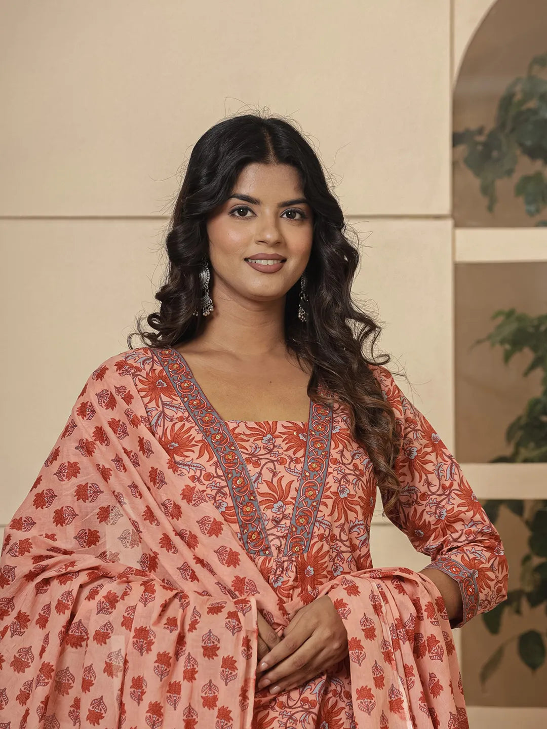 Yufta Peach Cotton Sequins_Work Kurta Dupatta Set | Grocsy
