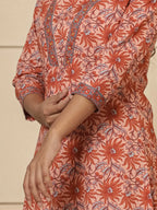 Yufta Peach Cotton Sequins_Work Kurta Dupatta Set | Grocsy