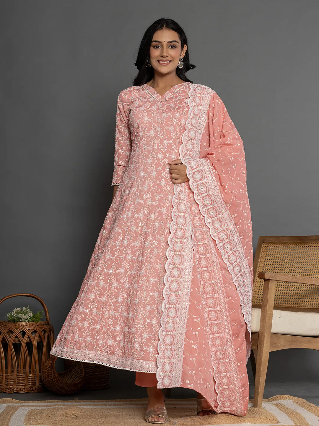 Yufta Peach Cotton Silk Embroidered Anarkali Kurta Dupatta Set | Grocsy