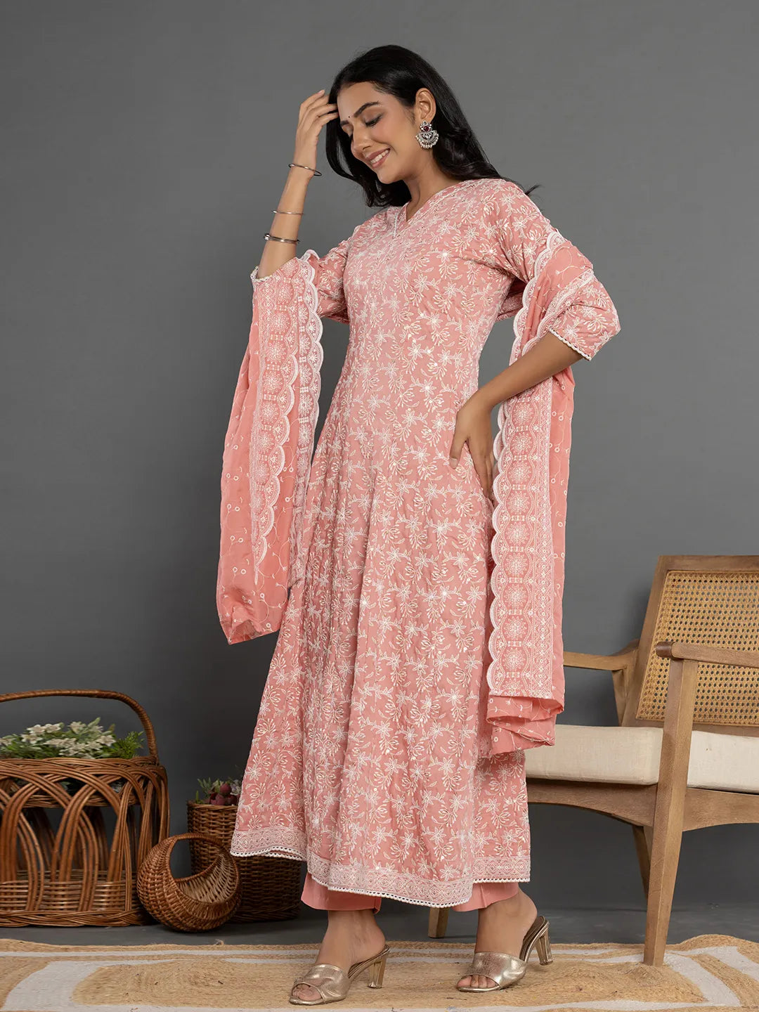 Yufta Peach Cotton Silk Embroidered Anarkali Kurta Dupatta Set | Grocsy