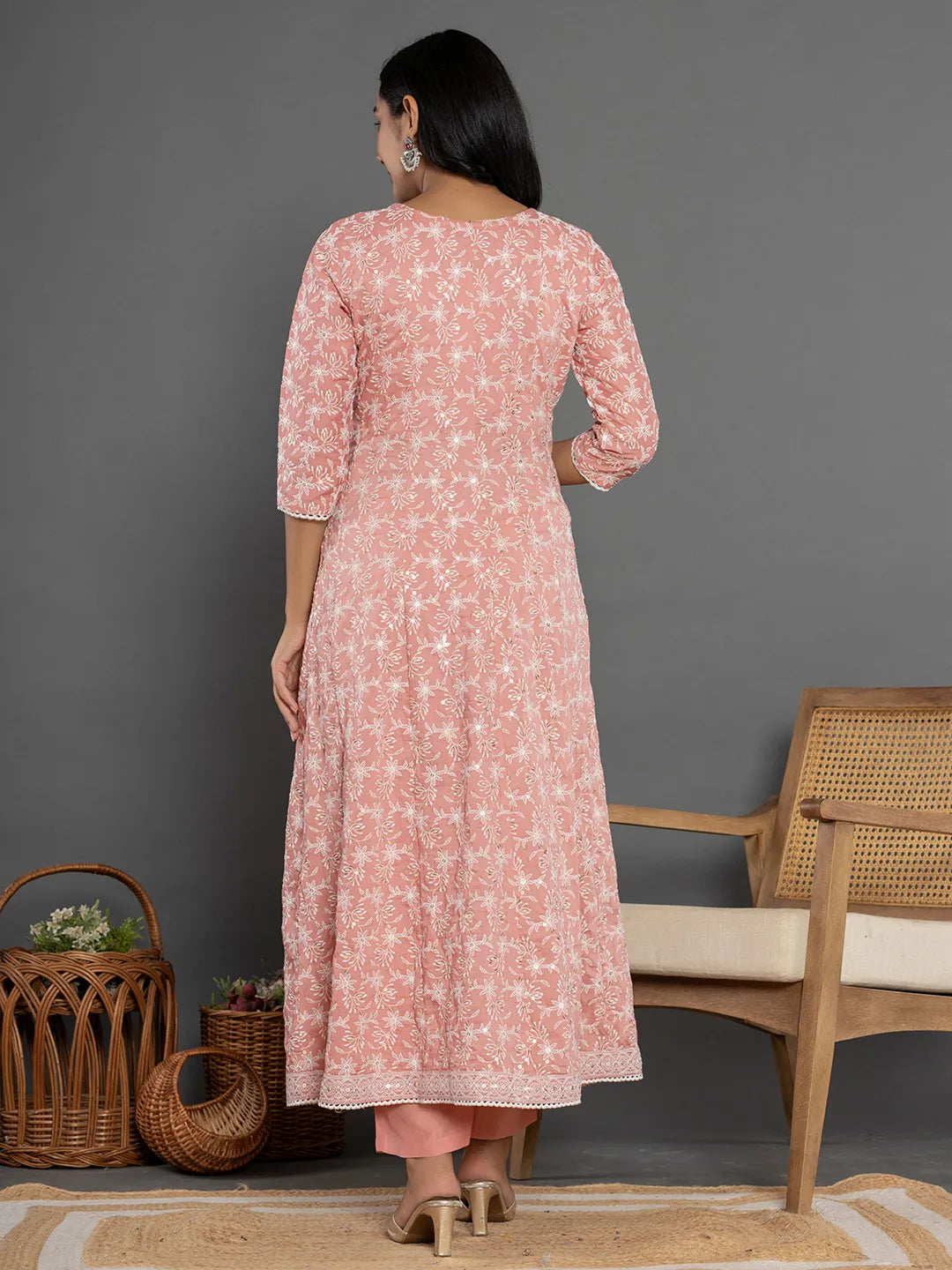 Yufta Peach Cotton Silk Embroidered Anarkali Kurta Dupatta Set | Grocsy