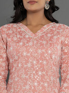Yufta Peach Cotton Silk Embroidered Anarkali Kurta Dupatta Set | Grocsy