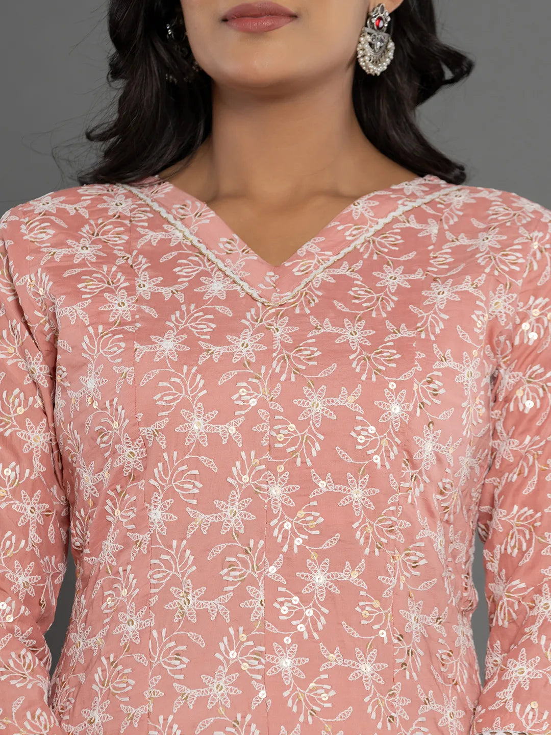 Yufta Peach Cotton Silk Embroidered Anarkali Kurta Dupatta Set | Grocsy