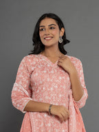 Yufta Peach Cotton Silk Embroidered Anarkali Kurta Dupatta Set | Grocsy