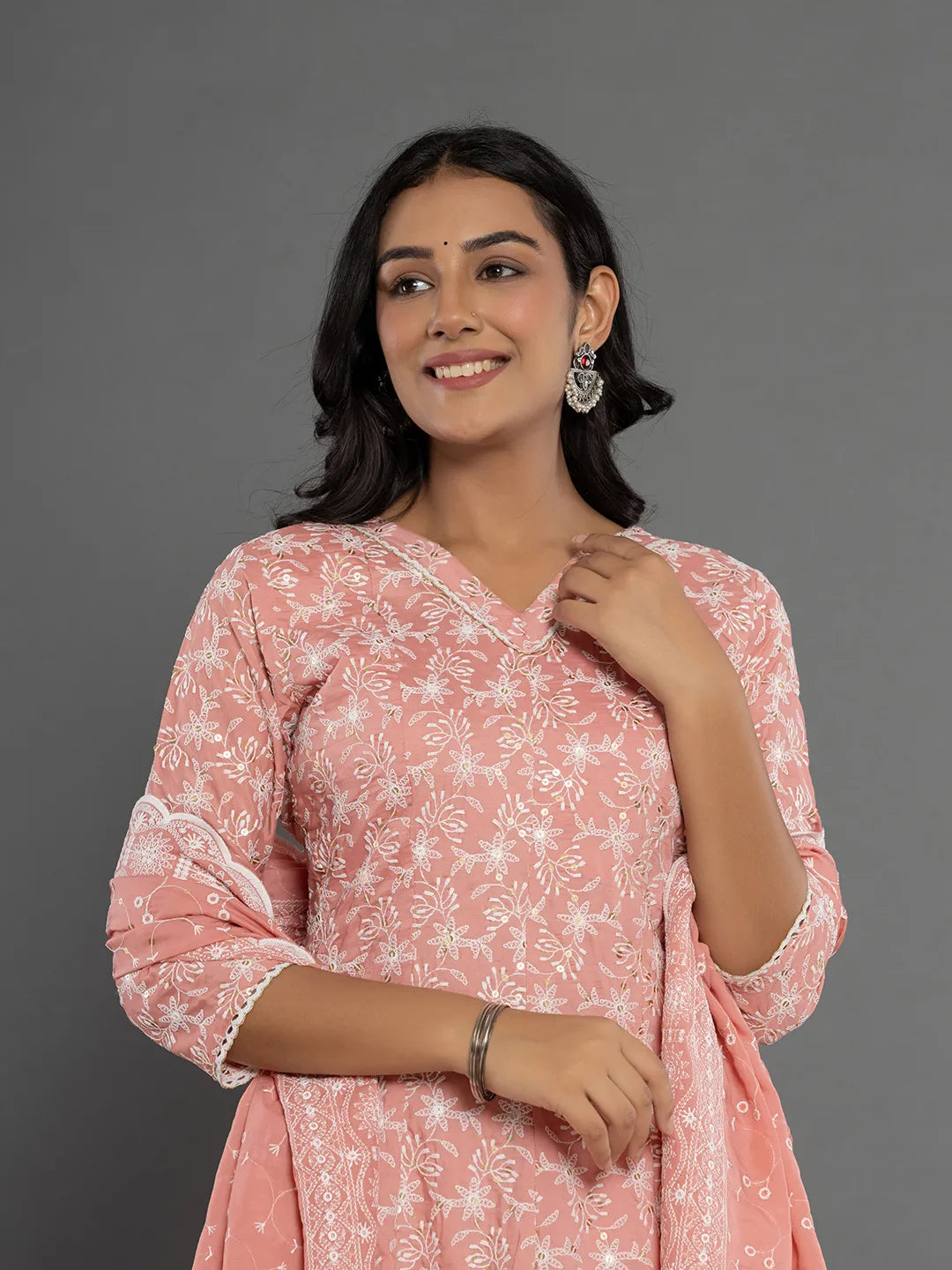 Yufta Peach Cotton Silk Embroidered Anarkali Kurta Dupatta Set | Grocsy