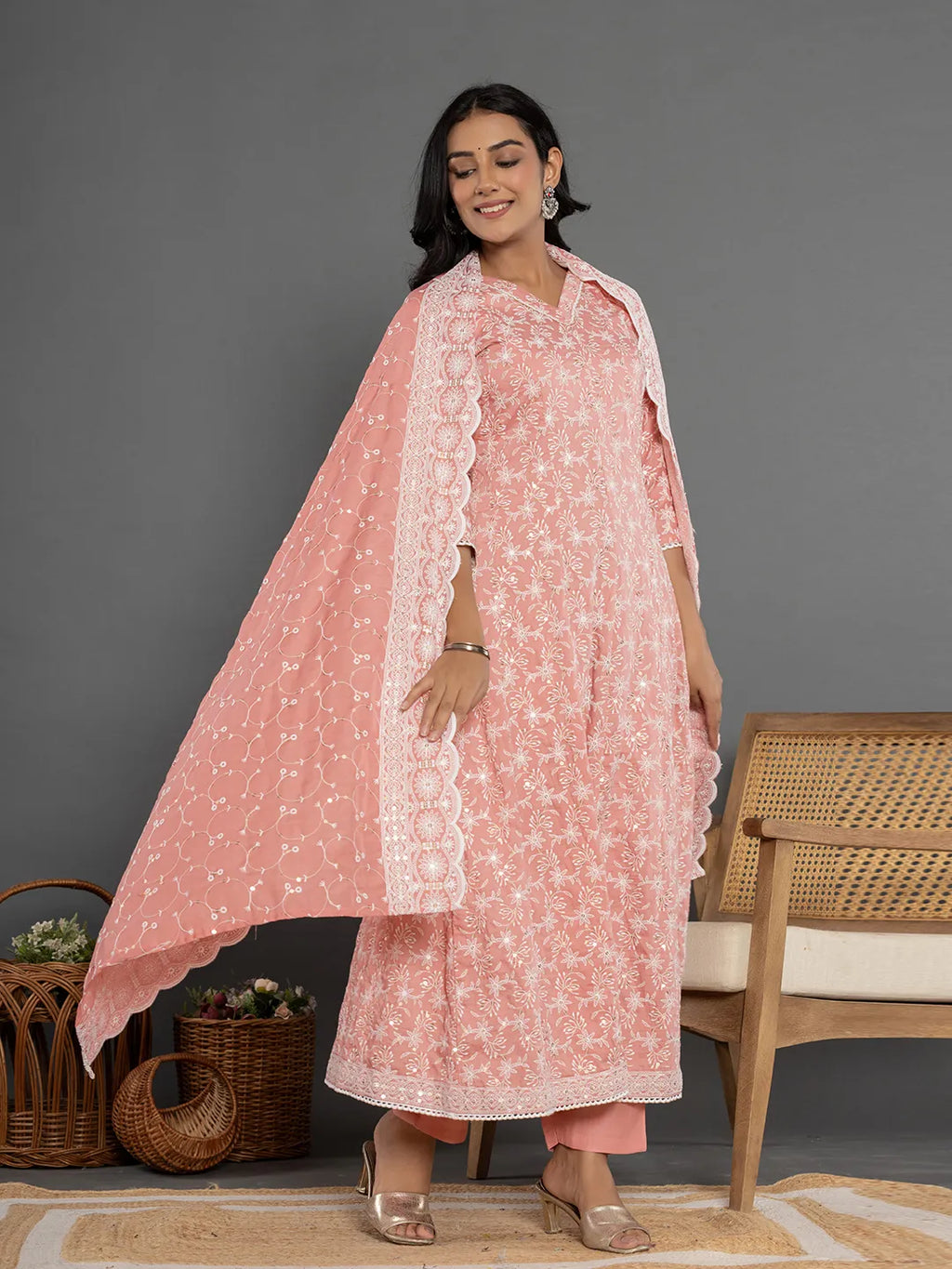 Yufta Peach Cotton Silk Embroidered Anarkali Kurta Dupatta Set | Grocsy