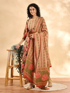 Yufta Peach Floral Print Sequins Work Anarkali Kurta And Trouser With Dupatta Set | Grocsy