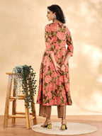 Yufta Peach Floral Print Sequins Work Anarkali Kurta And Trouser With Dupatta Set | Grocsy