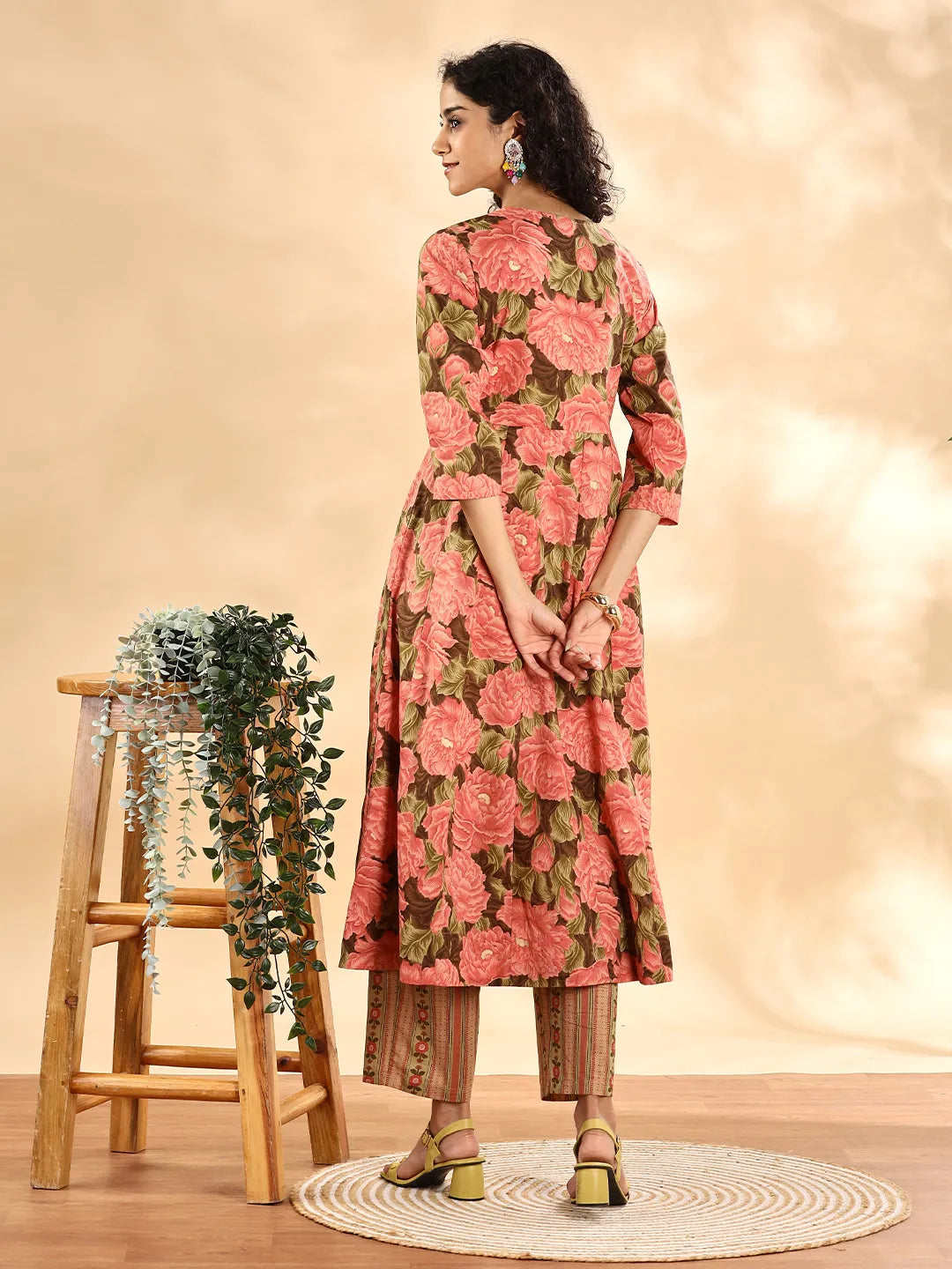 Yufta Peach Floral Print Sequins Work Anarkali Kurta And Trouser With Dupatta Set | Grocsy