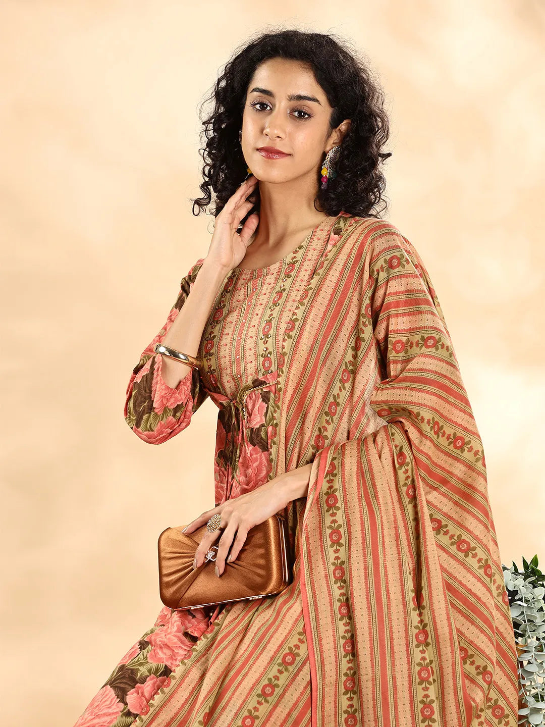 Yufta Peach Floral Print Sequins Work Anarkali Kurta And Trouser With Dupatta Set | Grocsy