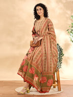 Yufta Peach Floral Print Sequins Work Anarkali Kurta And Trouser With Dupatta Set | Grocsy