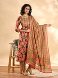 Yufta Peach Floral Print Sequins Work Anarkali Kurta And Trouser With Dupatta Set | Grocsy
