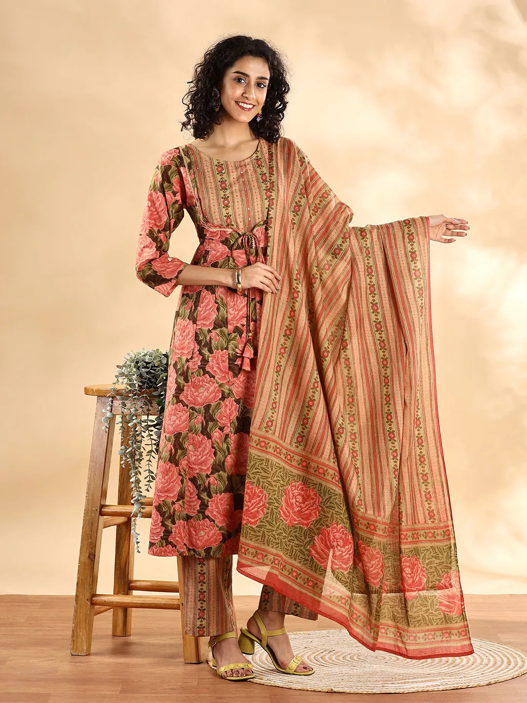 Yufta Peach Floral Print Sequins Work Anarkali Kurta And Trouser With Dupatta Set | Grocsy