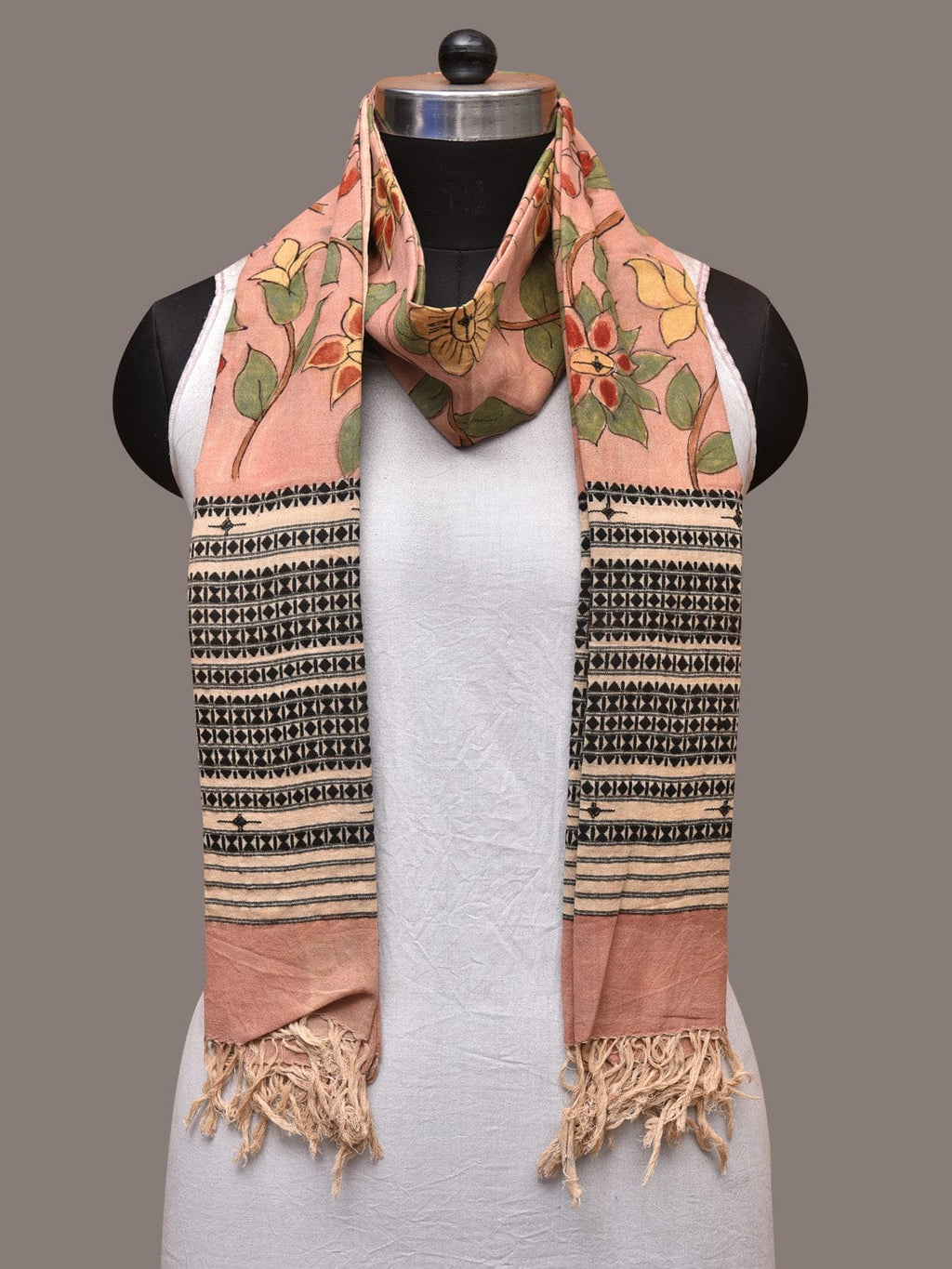 Peach Kalamkari Hand Painted Cotton Bhujodi Handloom Dupatta with Floral Design - Global Threads | Grocsy