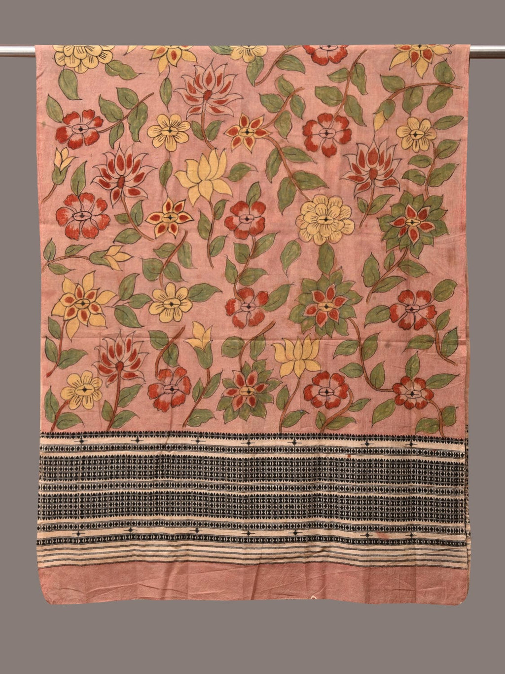 Peach Kalamkari Hand Painted Cotton Bhujodi Handloom Dupatta with Floral Design - Global Threads | Grocsy