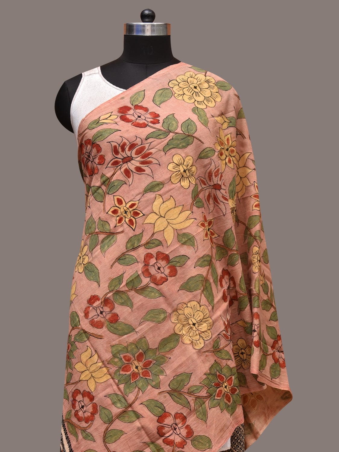 Peach Kalamkari Hand Painted Cotton Bhujodi Handloom Dupatta with Floral Design - Global Threads | Grocsy