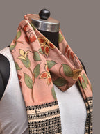 Peach Kalamkari Hand Painted Cotton Bhujodi Handloom Dupatta with Floral Design - Global Threads | Grocsy