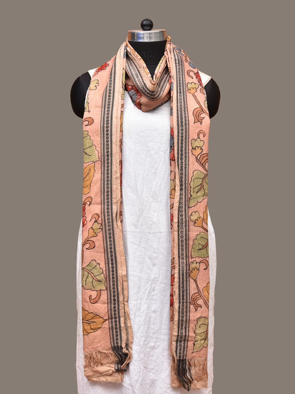 Peach Kalamkari Hand Painted Cotton Handloom Dupatta with Floral Design - Global Threads | Grocsy