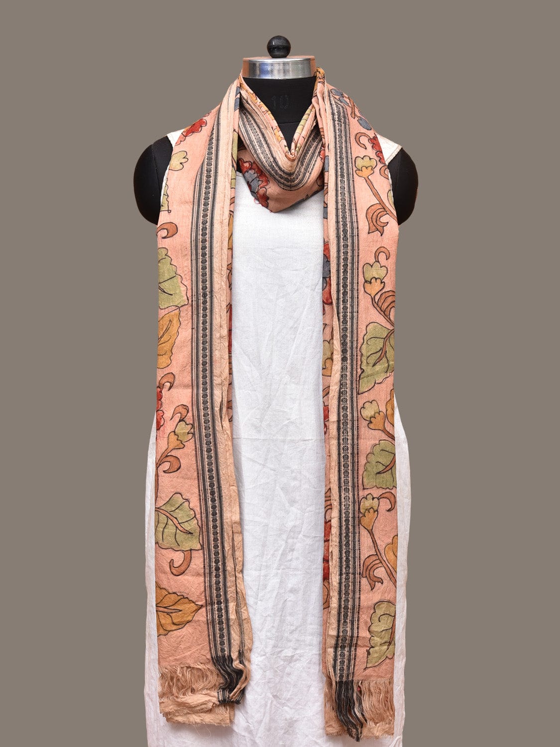 Peach Kalamkari Hand Painted Cotton Handloom Dupatta with Floral Design - Global Threads | Grocsy