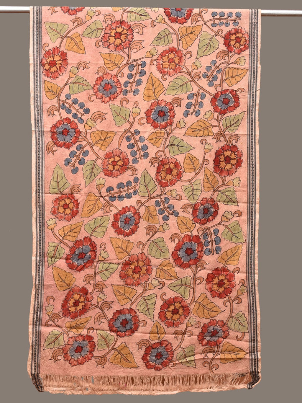 Peach Kalamkari Hand Painted Cotton Handloom Dupatta with Floral Design - Global Threads | Grocsy