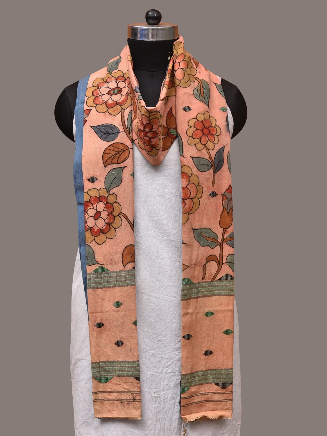 Peach Kalamkari Hand Painted Cotton Handloom Dupatta with Floral Design - Global Threads | Grocsy