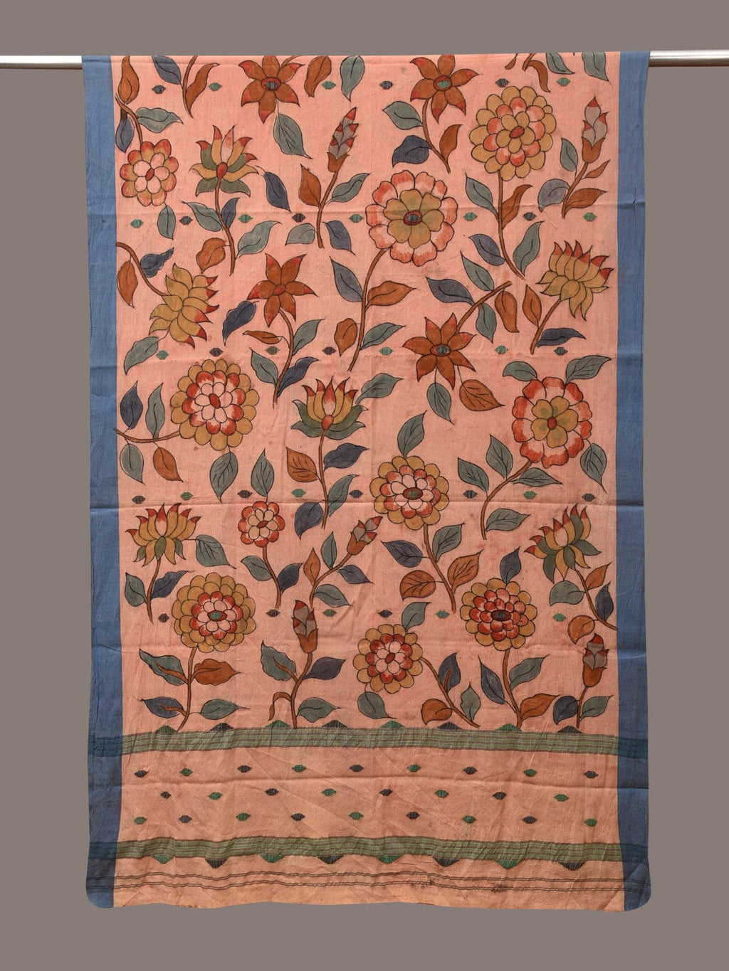 Peach Kalamkari Hand Painted Cotton Handloom Dupatta with Floral Design - Global Threads | Grocsy