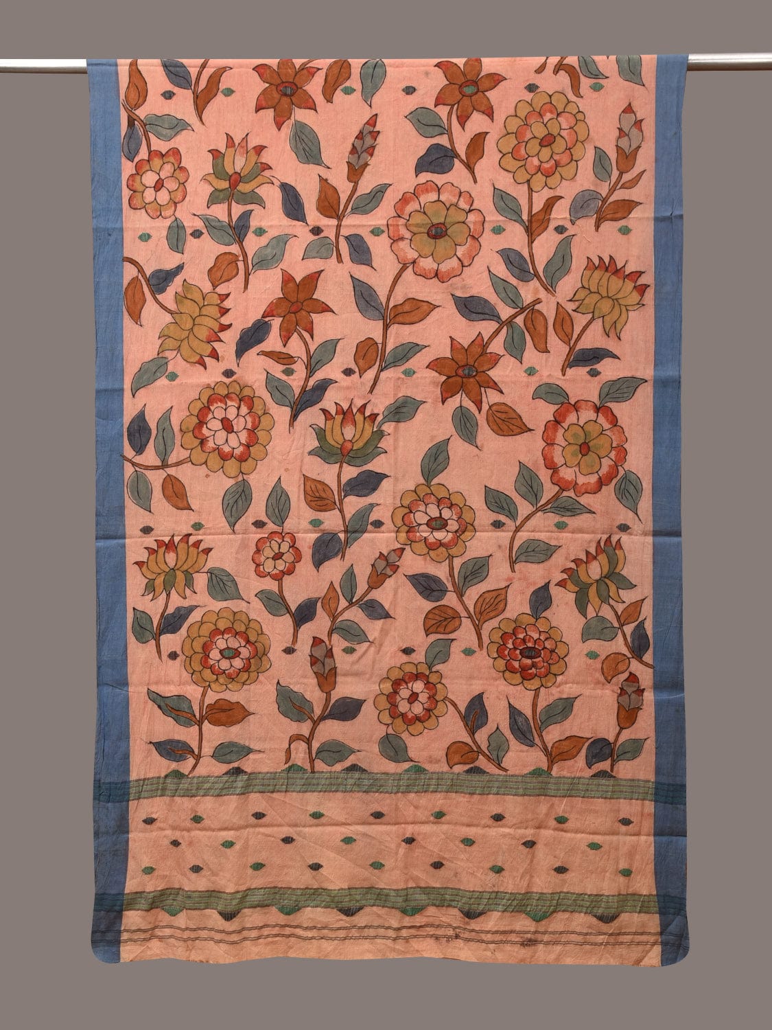 Peach Kalamkari Hand Painted Cotton Handloom Dupatta with Floral Design - Global Threads | Grocsy